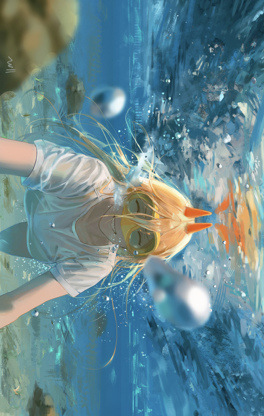 1girl absurdres air_bubble blonde_hair bubble chainsaw_man closed_eyes day demon_girl demon_horns grin highres horns null_(skev7724) power_(chainsaw_man) red_horns see-through smile solo submerged teeth water