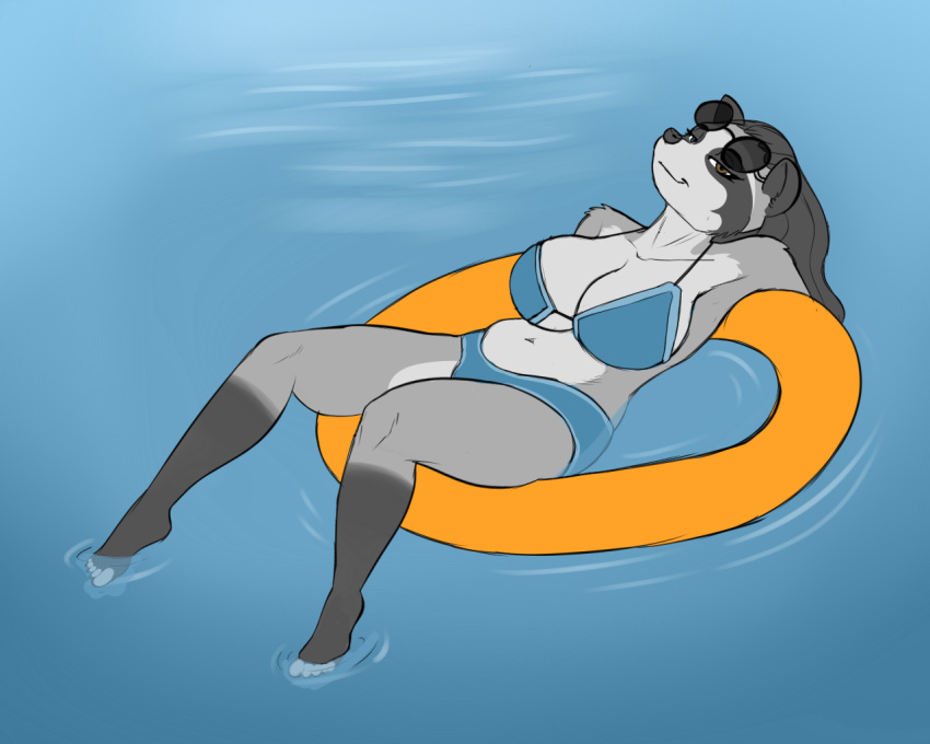 anthro big_breasts bikini blackbetty bottomwear breasts clothed clothing female franciene_(tango's_family) hair looking_at_viewer mammal procyonid raccoon simple_background smile solo swimwear thick_thighs