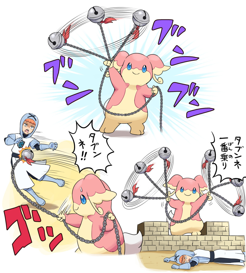 1girl absurdres audino ball_and_chain_(weapon) bell blue_eyes flail gloves highres holding holding_weapon hood iron_ball open_mouth orange_hair pokemoa pokemon pokemon_(creature) pokemon_bw shirt short_hair smile team_plasma team_plasma_grunt weapon