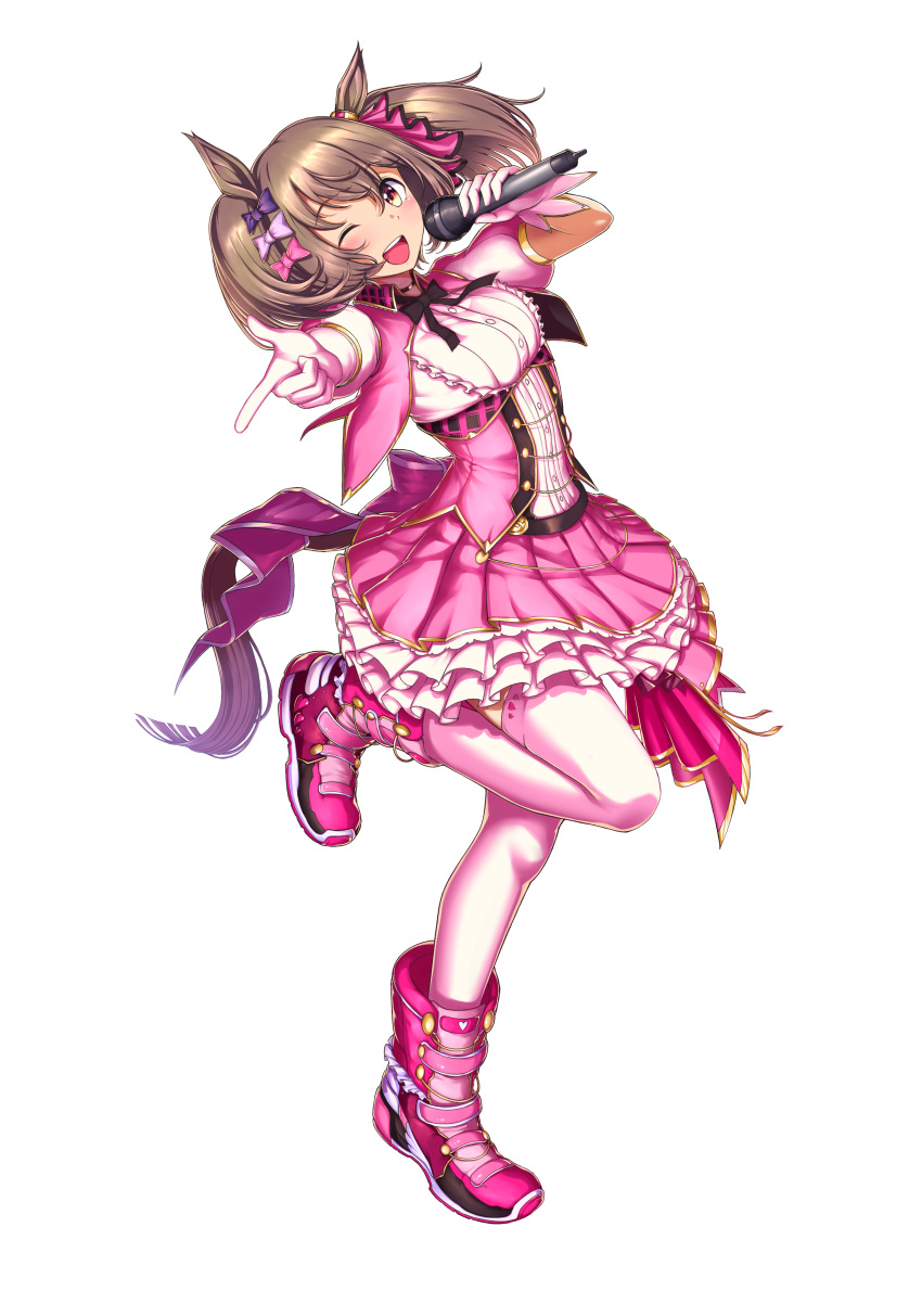 1girl absurdres adapted_costume animal_ears blush boots commentary_request cropped_jacket dress elbow_gloves frilled_dress frills full_body gloves highres holding holding_microphone horse_ears horse_girl horse_tail jacket leg_up microphone open_mouth pantyhose pink_dress pink_footwear pink_gloves pink_jacket puffy_short_sleeves puffy_sleeves same_kujira_(challenger_310) short_sleeves smart_falcon_(umamusume) smile solo tail teeth twintails umamusume upper_teeth_only white_pantyhose yellow_eyes