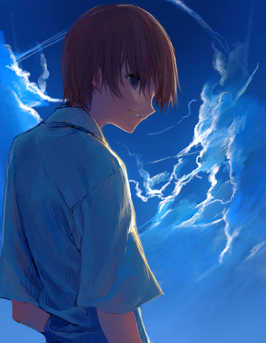 1boy absurdres blue_eyes blue_sky brown_hair cloud cloudy_sky collared_shirt commentary_request contrail empty_eyes evil_grin evil_smile floating_hair from_behind grin half-closed_eyes highres looking_back male_focus mamiya_takuji momokumo profile shirt short_hair short_sleeves sky smile solo subarashiki_hibi upper_body white_shirt