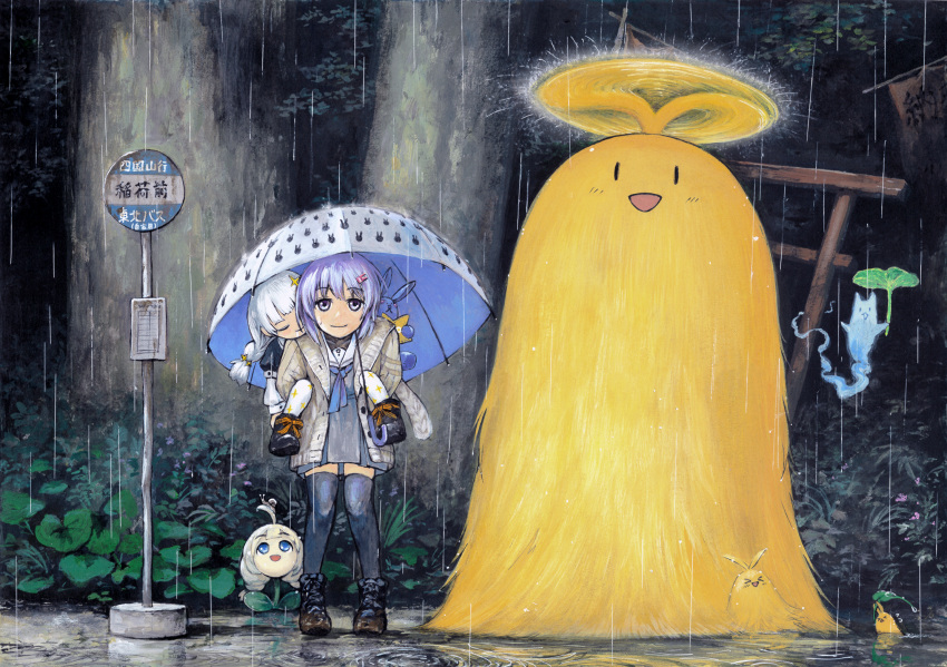 2girls a.i._voice akarisou black_thighhighs black_undershirt blunt_bangs boots braid cardigan carrying closed_mouth commentary_request creature drooling forest full_body ghost grey_cardigan grey_shirt grey_skirt highres holding holding_umbrella kedamakimaki kizuna_akari kizuna_akari_(moe) layered_shirt layered_sleeves leaf_umbrella leaning_forward light_purple_hair long_sleeves looking_at_viewer multiple_girls nature neckerchief nhk_(voiceroid) open_cardigan open_clothes outdoors pantyhose parody piggyback pleated_skirt print_pantyhose print_umbrella puddle puffy_short_sleeves puffy_sleeves purple_eyes purple_neckerchief rain ripples sabuivo sailor_collar school_uniform serafuku shirt short_hair short_over_long_sleeves short_sleeves skirt sleeping sleeping_on_person smile sparkle_hair_ornament spinning standing stuffed_animal stuffed_rabbit stuffed_toy thighhighs tonari_no_totoro torii totoro_bus_stop translation_request umbrella voiceroid white_hair white_pantyhose white_sailor_collar wide_shot yuzuki_yukari yuzuki_yukari_(shizuku) zettai_ryouiki