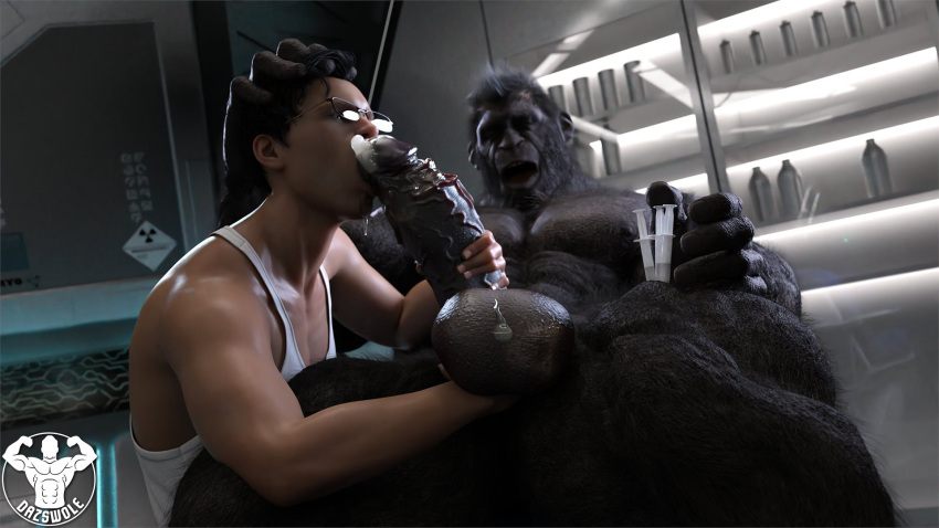 3d_(artwork) abs anthro anthro_penetrating anthro_penetrating_human ape balls big_balls big_dom_small_sub big_muscles big_pecs big_penis black_body black_fur black_hair bodily_fluids cum cum_drip cum_in_mouth cum_inside cumshot dazswole digital_media_(artwork) dominant dominant_anthro dominant_male dripping duo ejaculation erection eyewear fur genital_fluids genitals glasses gorilla hair handjob haplorhine hi_res holding_partner huge_balls huge_penis human human_on_anthro human_penetrated interspecies leaking_cum male male/male male_penetrated male_penetrating male_penetrating_male mammal muscular nipples nude oral oral_penetration pecs penetration penile penis planet_of_the_apes primate sex signature size_difference smaller_human smaller_male smaller_penetrated submissive submissive_human submissive_male