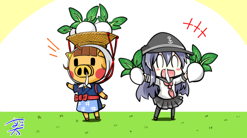 0_0 2girls akatsuki_(kancolle) anchor animal_crossing animal_ears basket_on_head black_footwear black_hair black_skirt black_thighhighs blush_stickers brown_footwear brown_hair chin_strap commentary daisy_mae_(animal_crossing) flat_cap food food_on_head furry furry_female grass hat head_scarf holding holding_food holding_vegetable igeta_(pattern) japanese_clothes kantai_collection kimono long_hair long_sleeves multiple_girls neckerchief nyonyonba_tarou object_on_head open_mouth pig_ears pig_girl pig_nose pig_tail pleated_skirt red_neckerchief red_sailor_collar sailor_collar school_uniform serafuku shirt short_sleeves signature skirt smile snot snot_trail striped striped_headwear striped_skirt tail thighhighs turnip vegetable white_shirt white_stripes