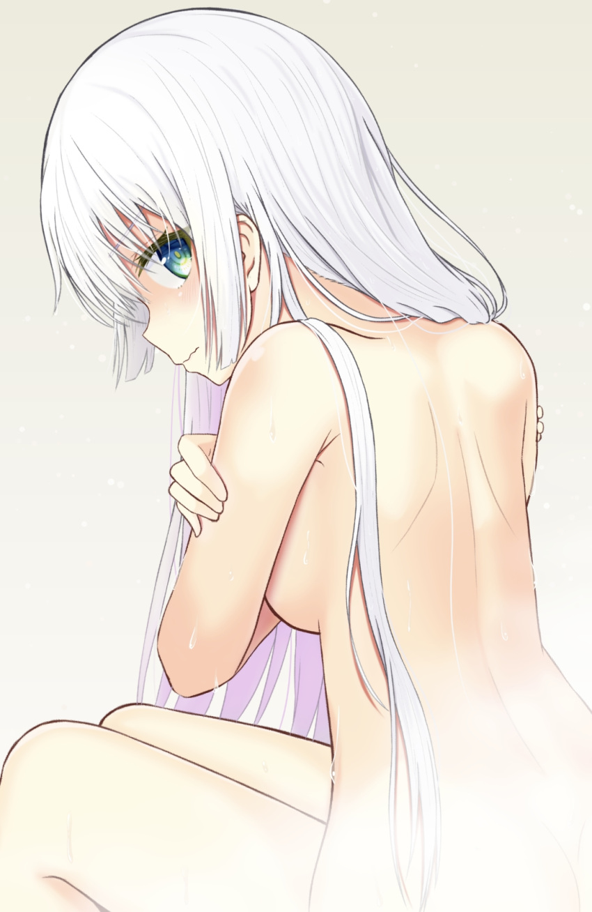 1girl armpit_crease back bathing blue_eyes blunt_ends blush breasts closed_mouth commentary completely_nude covering covering_breasts cowboy_shot crossed_arms embarrassed eyelashes from_behind frown hair_between_eyes hair_over_shoulder hair_spread_out highres long_hair looking_at_viewer looking_back medium_breasts mochimugi_rice naruse_shiroha nude sideboob sidelocks sideways_glance simple_background sitting solo straight_hair summer_pockets very_long_hair wavy_hair wet white_hair yellow_background
