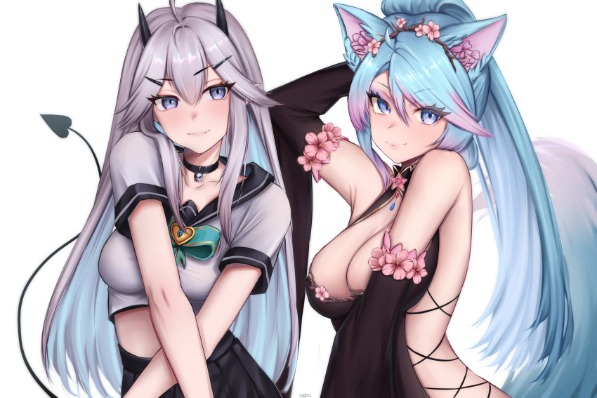 2girls absurdres animal_ear_fluff animal_ears arm_up black_collar black_kimono black_skirt black_sleeves blue_eyes blue_hair breasts cherry_blossoms cleavage collar demon_girl demon_horns demon_tail detached_sleeves fang flower grey_eyes grey_hair hair_ornament hairpin highres hip_vent horns indie_virtual_youtuber japanese_clothes kimono large_breasts long_hair looking_at_viewer multicolored_hair multiple_girls pink_flower pink_hair shirt silvervale silvervale_(sakura_goddess) skin_fang skirt smile streaked_hair swept_bangs tail vei_(vtuber) virtual_youtuber white_shirt wolf_ears wolf_girl wolf_tail yiotaart