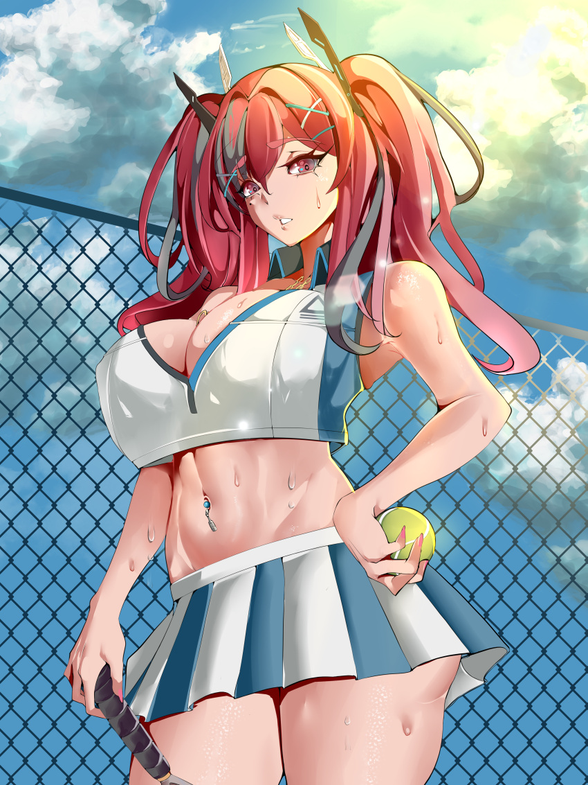 1girl absurdres azur_lane ball bare_arms bare_shoulders blue_sky breasts bremerton_(azur_lane) chain-link_fence cleavage cloud commentary cowboy_shot crop_top day fence grey_eyes grey_hair highres holding holding_ball large_breasts leon_kunisagi long_hair looking_at_viewer midriff miniskirt navel navel_piercing parted_lips piercing pink_hair pleated_skirt skirt skirt_set sky solo standing stomach tennis_ball thighs twintails