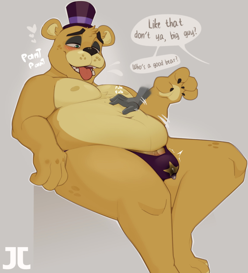 &lt;3 2023 anthro bear belly belly_rub blush bodily_fluids breath bulge claws clothed clothing dialogue digital_media_(artwork) disembodied_hand emanata english_text erection erection_under_clothing eyebrows five_nights_at_freddy's fur genital_fluids genitals golden_freddy_(fnaf) grey_background hat headgear headwear hi_res jumpy_jackal looking_pleasured love_handles male mammal moobs motion_lines narrowed_eyes navel nipples offscreen_character open_mouth open_smile overweight overweight_anthro overweight_male panting penis penis_base petting precum precum_through_clothing precum_through_thong precum_through_underwear scottgames simple_background sitting smile solo sound_effects teeth text thick_thighs thong tongue tongue_out top_hat topless topless_anthro topless_male tuft underwear watermark wet wet_clothing