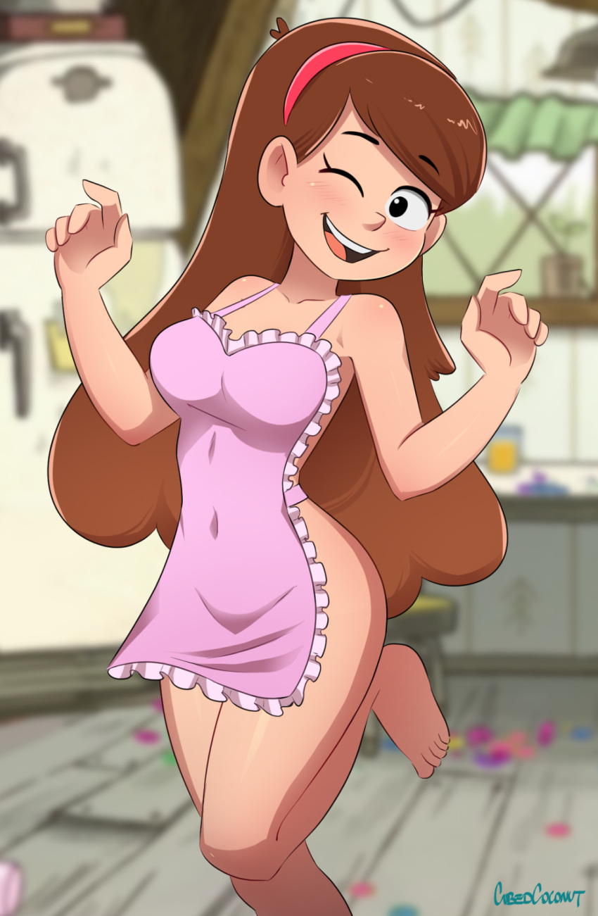 1girl aged_up apron artist_name black_eyes blurry breasts brown_hair commentary cubedcoconut depth_of_field english_commentary gravity_falls hairband highres long_hair mabel_pines medium_breasts naked_apron one_eye_closed open_mouth pink_apron pink_hairband signature smile solo standing standing_on_one_leg very_long_hair