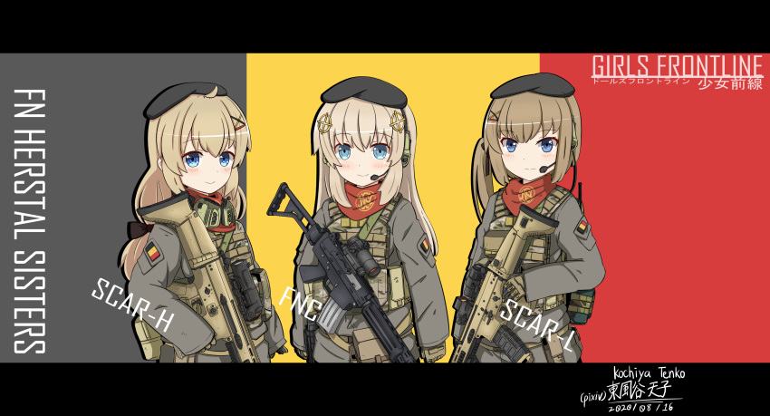 3girls absurdres ammunition_pouch arm_at_side artist_name assault_rifle bandana battle_rifle belgian_flag beret bilingual black_headwear blonde_hair blue_eyes body_armor celtic_cross character_name chinese_commentary chinese_text closed_mouth commentary_request company_connection company_name copyright_name cross cross_hair_ornament dated dot_nose ear_protection english_commentary flag_background fn_fnc fn_herstal fn_scar fn_scar_16 fn_scar_17 fnc_(girls'_frontline) folding_stock girls'_frontline grey_background grey_jacket gun hair_ornament hairclip hat headset highres holding holding_gun holding_weapon hybrid_sight jacket kochiya_tenko letterboxed light_blush light_brown_hair logo long_hair long_sleeves looking_at_viewer military_jacket mixed-language_commentary mixed-language_text multicolored_background multiple_girls optical_sight patch pocket pouch print_bandana red_background red_bandana rifle scar-h_(girls'_frontline) scar-l_(girls'_frontline) shoulder_patch siblings side_ponytail sisters sleeves_past_wrists sling smile tactical_clothes upper_body walkie-talkie weapon weapon_name x_hair_ornament yellow_background