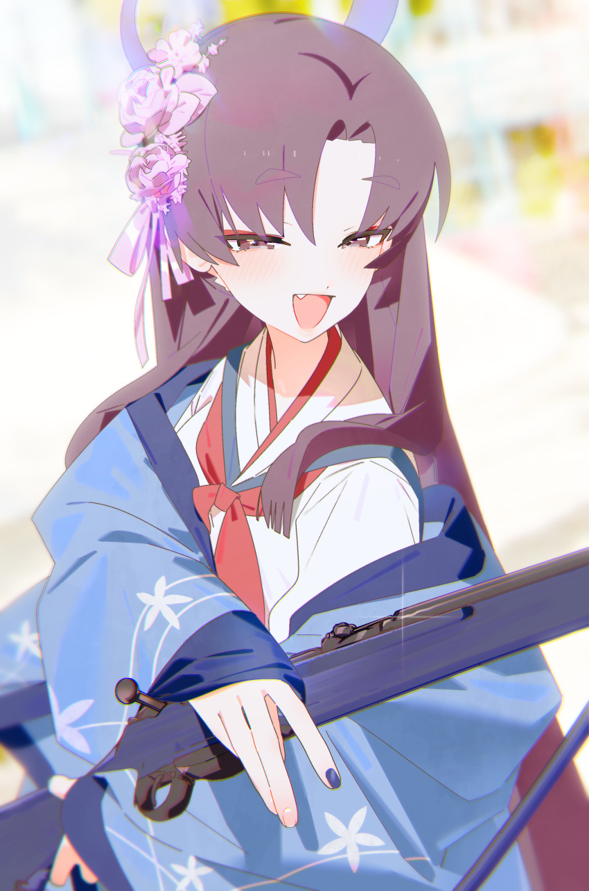 1girl absurdres blue_archive blush bm_tol eyeshadow fang fingernails flower gun hair_flower hair_ornament halo haori highres holding holding_gun holding_weapon japanese_clothes long_hair long_sleeves looking_at_viewer makeup neckerchief open_mouth pink_flower purple_eyes purple_hair purple_halo red_eyeshadow red_neckerchief sailor_collar smile solo upper_body weapon white_sailor_collar wide_sleeves yukari_(blue_archive)