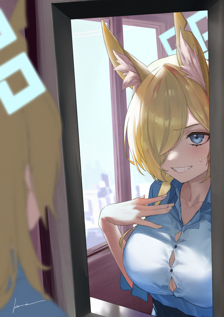 1girl absurdres animal_ear_fluff animal_ears blonde_hair blue_archive dog_ears extra_ears fox_ears fox_girl grin hair_over_one_eye halo highres indoors kamie_(eat_ebi) kanna_(blue_archive) looking_at_mirror mirror notched_ear open_mouth reflection sharp_teeth shirt signature smile solo sweatdrop teeth uniform upper_body white_shirt