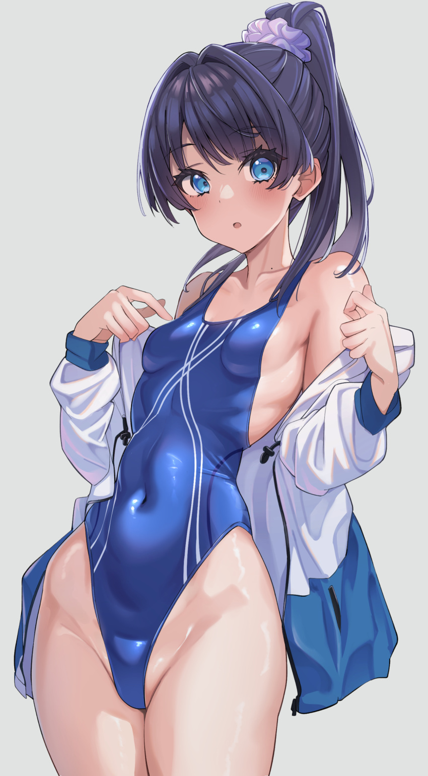 1girl absurdres black_hair blue_eyes blue_one-piece_swimsuit blush breasts competition_swimsuit covered_navel cowboy_shot hair_ornament hair_scrunchie highleg highleg_swimsuit highres impossible_clothes impossible_swimsuit jacket link!_like!_love_live! love_live! murano_sayaka off-shoulder_jacket off_shoulder one-piece_swimsuit open_clothes open_jacket ponytail scrunchie simple_background small_breasts swimsuit zibun_owl