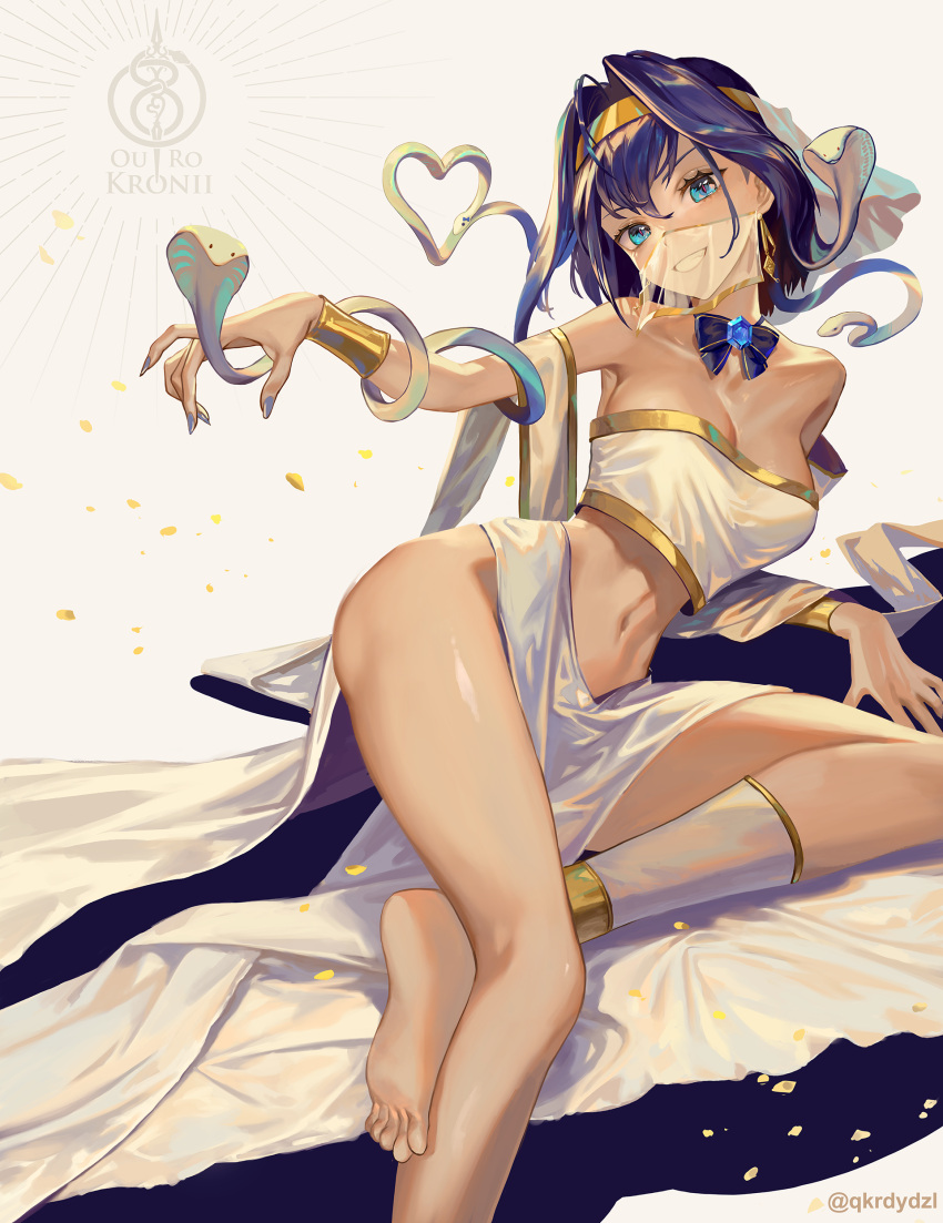 1girl absurdres barefoot blue_eyes bow bowtie breasts cobra_(animal) cosplay earrings feet foot_out_of_frame gold_headband grin highres hololive hololive_english jewelry legs looking_at_viewer lying medusa_(mythology) medusa_(mythology)_(cosplay) midriff nail_polish navel on_side ouro_kronii purple_hair purple_nails santafe99 short_hair smile snake soles solo toes twitter_username veil virtual_youtuber