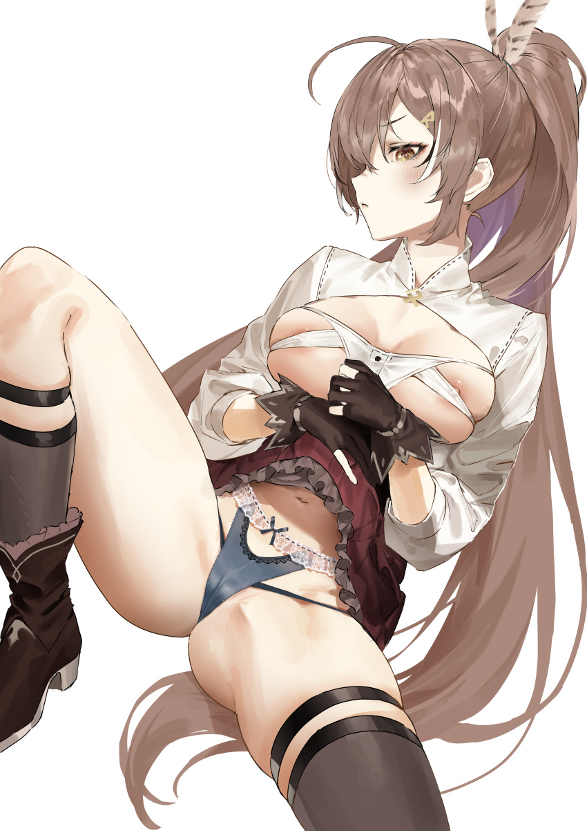 1girl absurdres ahoge ankle_boots areola_slip asymmetrical_legwear black_gloves black_panties black_socks black_thighhighs boots breasts brown_eyes brown_hair closed_mouth clothes_lift gloves hair_ornament hairclip highres hololive hololive_english knee_up kneehighs kuroi_suna large_breasts lifted_by_self long_hair looking_at_viewer miniskirt multicolored_hair nanashi_mumei nanashi_mumei_(1st_costume) navel nipple_slip nipples panties partially_fingerless_gloves ponytail profile red_skirt shrug_(clothing) sidelocks single_kneehigh single_sock single_thighhigh sitting skirt skirt_lift socks solo spread_legs streaked_hair string_panties thigh_strap thighhighs thighs underwear uneven_legwear virtual_youtuber white_background white_hair
