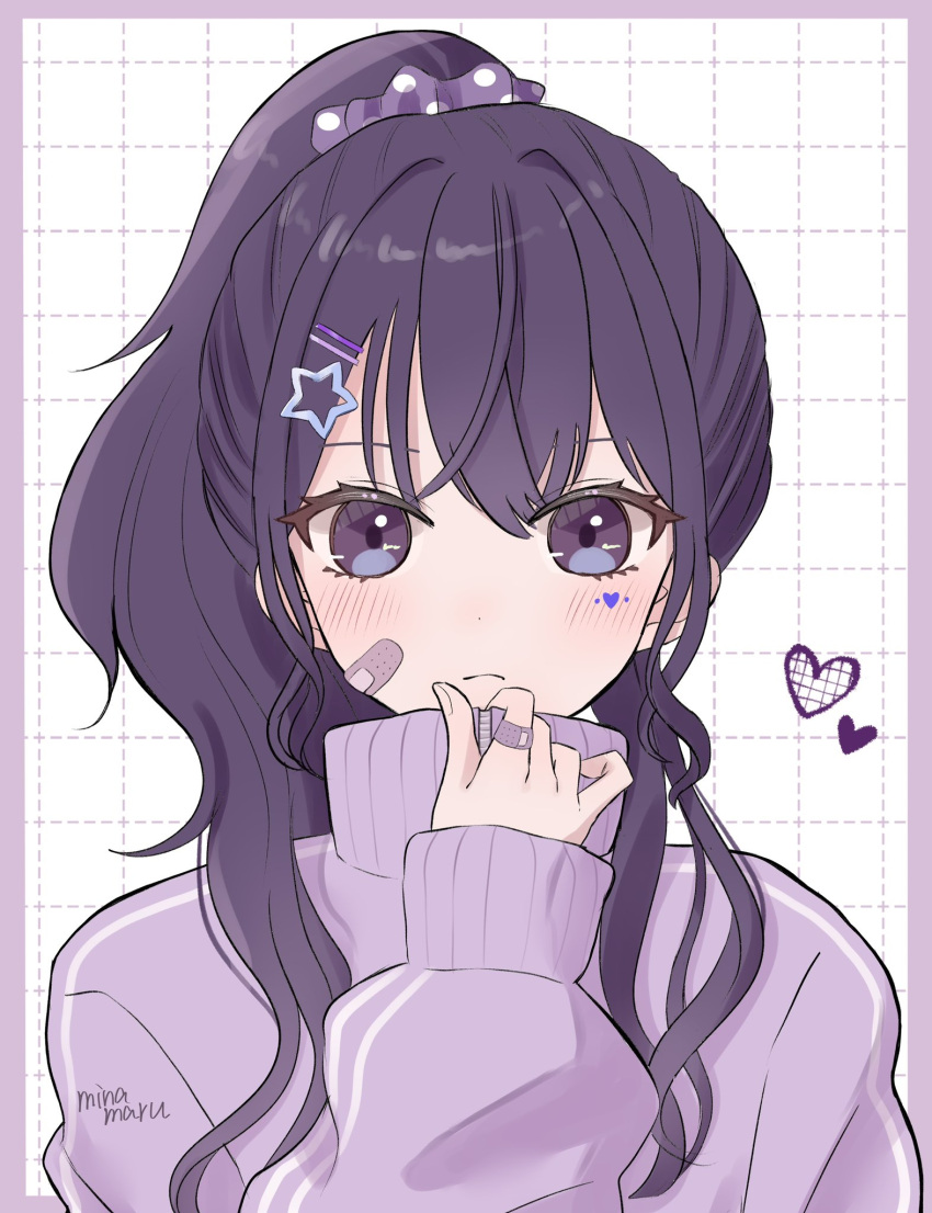 1girl asahina_mafuyu bandaid bandaid_on_face blush border closed_mouth commentary fingernails hair_behind_ear hair_between_eyes hair_ornament hairpin heart high_ponytail highres jacket long_hair looking_at_viewer minacoco3755 multiple_hairpins ponytail project_sekai purple_border purple_eyes purple_hair signature simple_background solo star_(symbol) star_hair_ornament swept_bangs track_jacket upper_body white_background