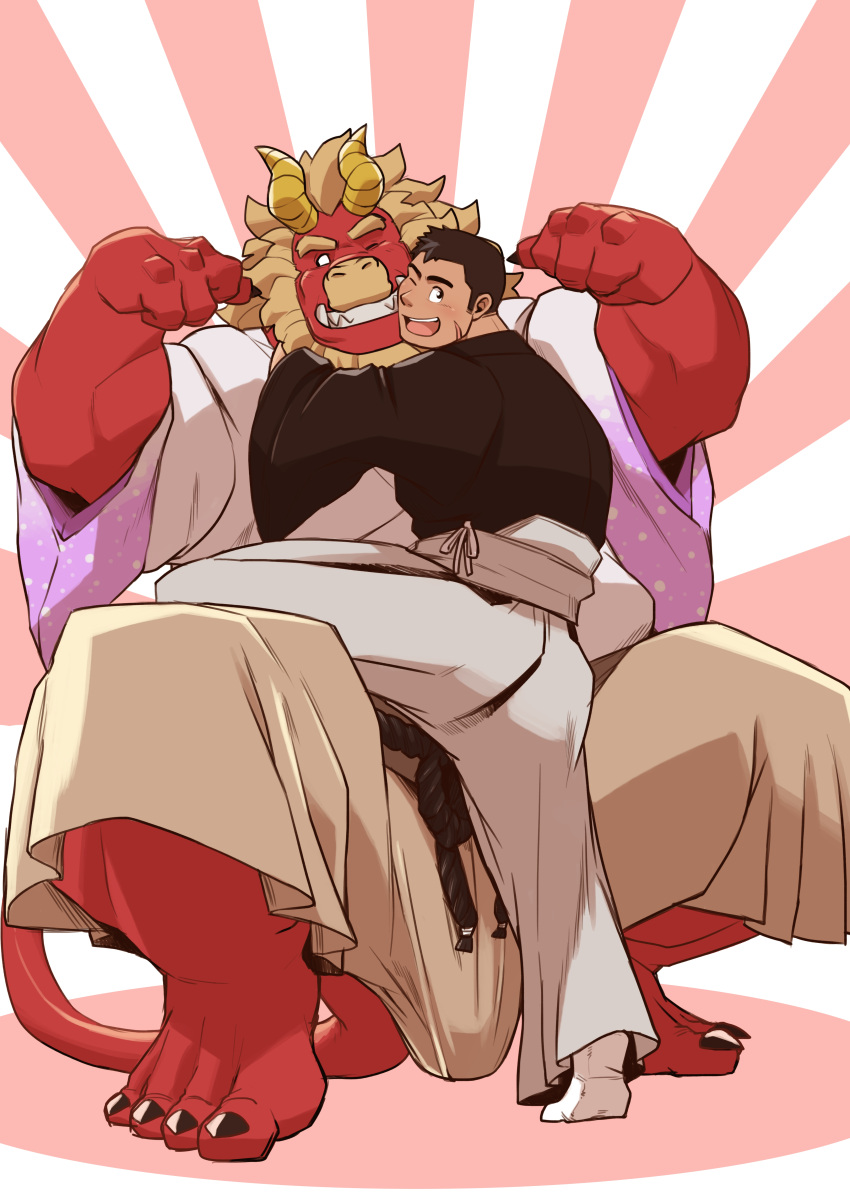 2boys absurdres arms_around_neck bara beard black_hair black_kimono blank_eyes blush bulge colored_skin curled_horns double_biceps_pose dragon_horns facial_hair flexing forked_eyebrows furry furry_male furry_with_non-furry gardie_(otsukimi) hakama hakama_pants half-erect heads_together highres horns hug huge_eyebrows interspecies japanese_clothes kimono kouhei_(otsukimi) large_bulge large_hands leg_lift lion_hair looking_at_viewer looking_back male_focus multiple_boys muscular muscular_male new_year one_eye_closed original otsukimi paid_reward_available pants red_skin short_hair sideburns sideburns_stubble size_difference socks squatting thick_eyebrows turning_head white_kimono white_pants yaoi