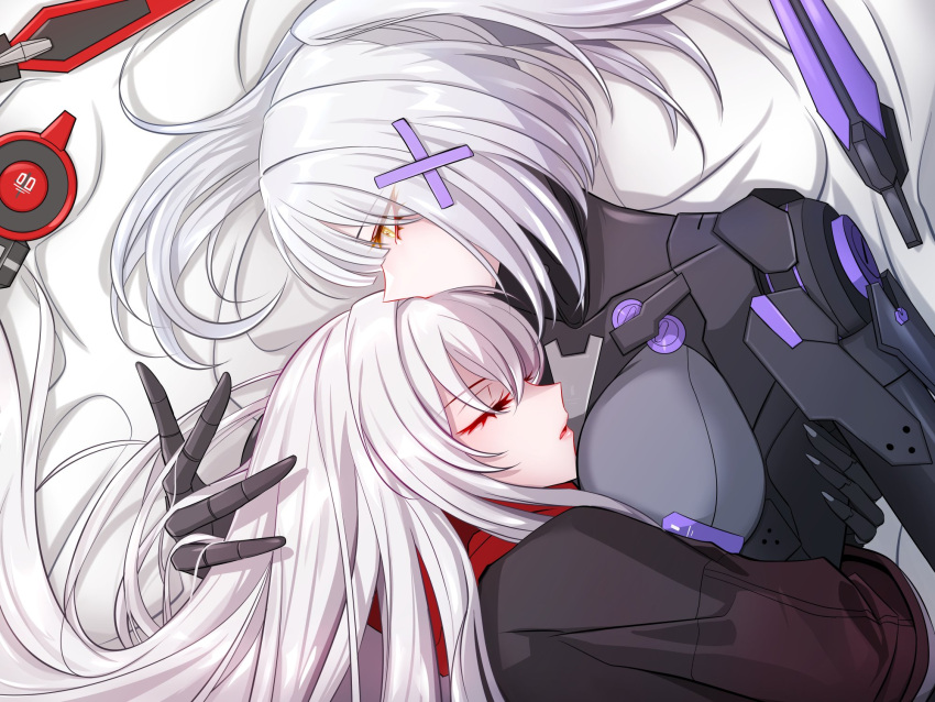 01pado_pado 2girls alpha_(punishing:_gray_raven) black_jacket breasts closed_eyes grey_hair hair_ornament headgear headphones headphones_removed highres hug jacket large_breasts long_hair lucia:_crimson_abyss_(punishing:_gray_raven) mechanical_parts medium_hair multiple_girls no_headgear orange_eyes playing_with_another's_hair punishing:_gray_raven red_scarf rosetta:_rigor_(punishing:_gray_raven) rosetta_(punishing:_gray_raven) scarf sidelocks sleeping very_long_hair x_hair_ornament