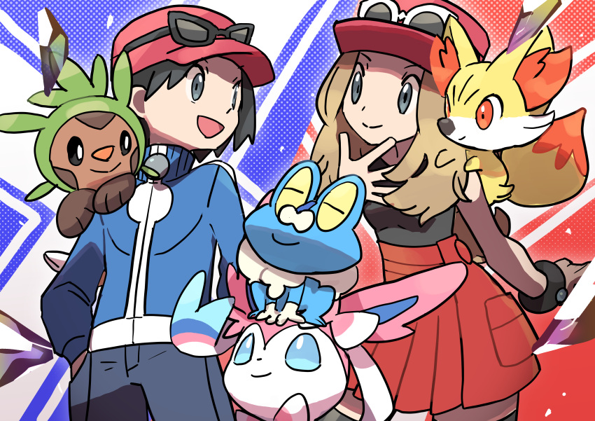 1boy 1girl :d absurdres black-framed_eyewear black_hair blue_jacket calem_(pokemon) chespin commentary_request eyewear_on_headwear fennekin froakie grey_eyes hat high-waist_skirt highres jacket long_hair long_sleeves mega_ring on_shoulder open_mouth pink_headwear pokefia pokemon pokemon_(creature) pokemon_(game) pokemon_on_shoulder pokemon_xy red_skirt serena_(pokemon) short_hair skirt smile starter_pokemon_trio sunglasses sylveon thighhighs turtleneck turtleneck_jacket