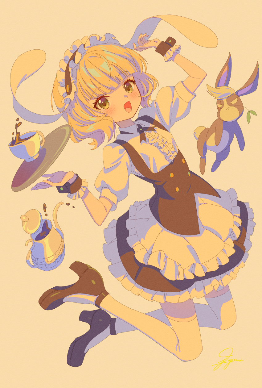 1girl absurdres animal animal_ears apron black_dress black_footwear blonde_hair blush coffee collared_shirt cup dress fake_animal_ears fleur_de_lapin_uniform floppy_ears frilled_apron frilled_dress frills full_body gochuumon_wa_usagi_desu_ka? green_eyes highres jdge kirima_syaro looking_at_viewer open_mouth puffy_short_sleeves puffy_sleeves rabbit rabbit_ears shirt shoes short_hair short_sleeves simple_background smile solo thighhighs tray white_apron white_shirt white_thighhighs wild_geese wrist_cuffs yellow_background