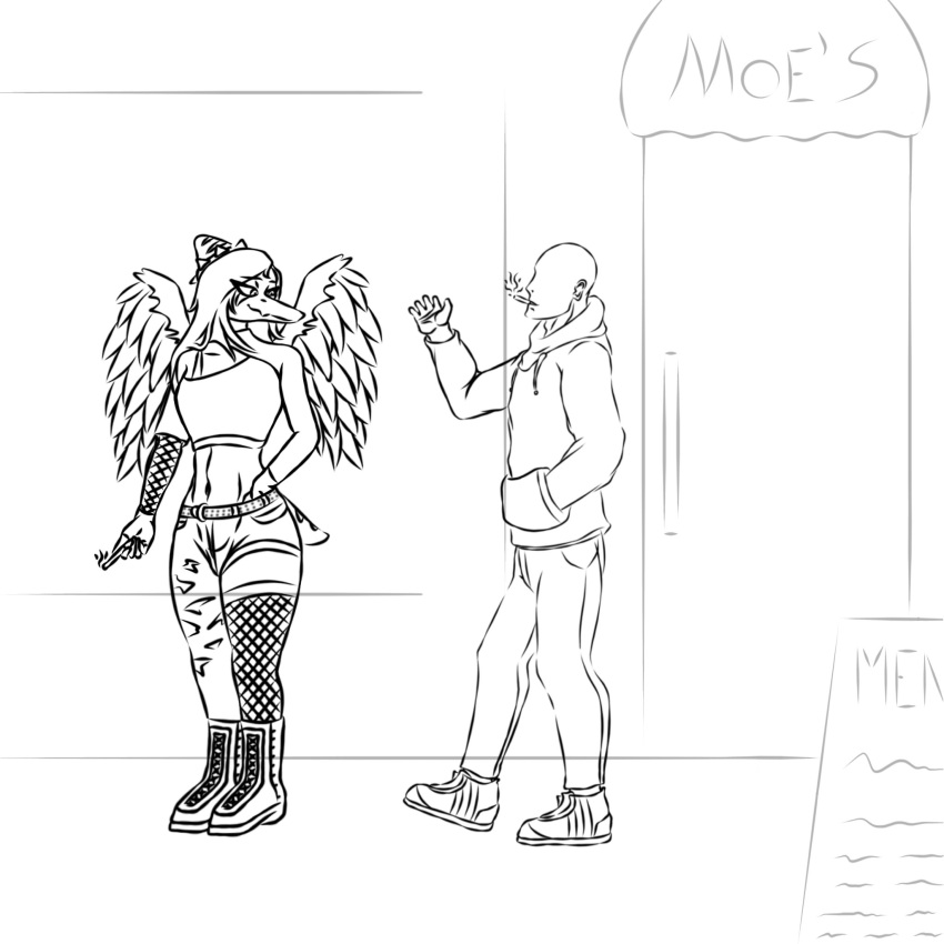 1:1 1tiposintalento 2023 anon_(snoot_game) anthro armwear bald black_and_white boots bottomwear cigarette clothing crop_top denim denim_clothing dinosaur duo eyelashes fang_(gvh) feathered_wings feathers female fishnet fishnet_armwear fishnet_legwear footwear goodbye_volcano_high hair hand_in_pocket hi_res hoodie human jeans legwear long_hair male mammal midriff monochrome navel pants pockets pterodactylus pterosaur reptile scalie shirt shoes short_tail smile smoking smoking_cigarette sneakers snoot_game snout tail topwear torn_bottomwear torn_clothing torn_jeans torn_pants wings