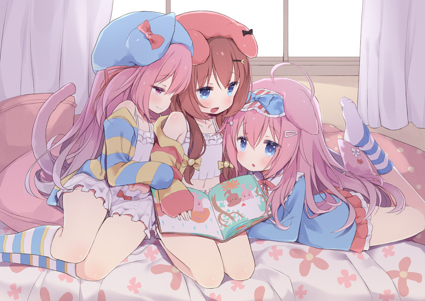 3girls animal_ears arashiya azur_lane bed bedroom bloomers blue_eyes blue_headwear blue_shirt bow_bloomers brown_hair camisole cardigan cat_ears cat_girl cat_tail commission commissioner_upload crescent crescent_hair_ornament curtains dog_ears dog_girl dog_tail eye_mask fumizuki_(azur_lane) hair_ornament hairclip hat hug indie_virtual_youtuber indoors kisaragi_(azur_lane) kneehighs long_hair lying multiple_girls navel on_stomach open_mouth pillow pink_eyes pink_hair pink_headwear ribbon shirt side_ponytail sitting skeb_commission smile socks striped striped_cardigan striped_socks tail thighs underwear usagi_nono very_long_hair virtual_youtuber white_bloomers white_camisole window