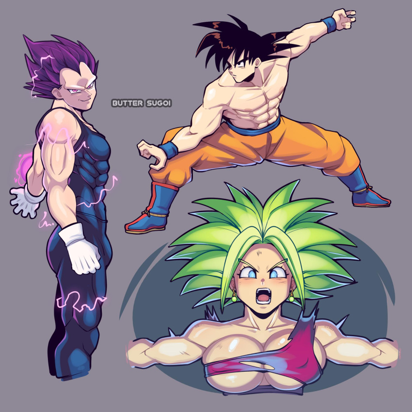 areola_slip artist_name black_bodysuit black_eyes black_hair blue_eyes bodysuit boots breasts butter_sugoi clenched_hand covered_abs covered_nipples dragon_ball dragon_ball_super earrings electricity energy_ball fighting_stance furrowed_brow gloves green_hair highres jewelry kefla_(dragon_ball) large_breasts muscular muscular_female muscular_male open_mouth orange_pants outstretched_arms pants potara_earrings purple_eyes purple_hair shirt smile son_goku super_saiyan super_saiyan_1 topless_male torn_clothes torn_shirt ultra_ego_(dragon_ball) vegeta white_gloves wristband