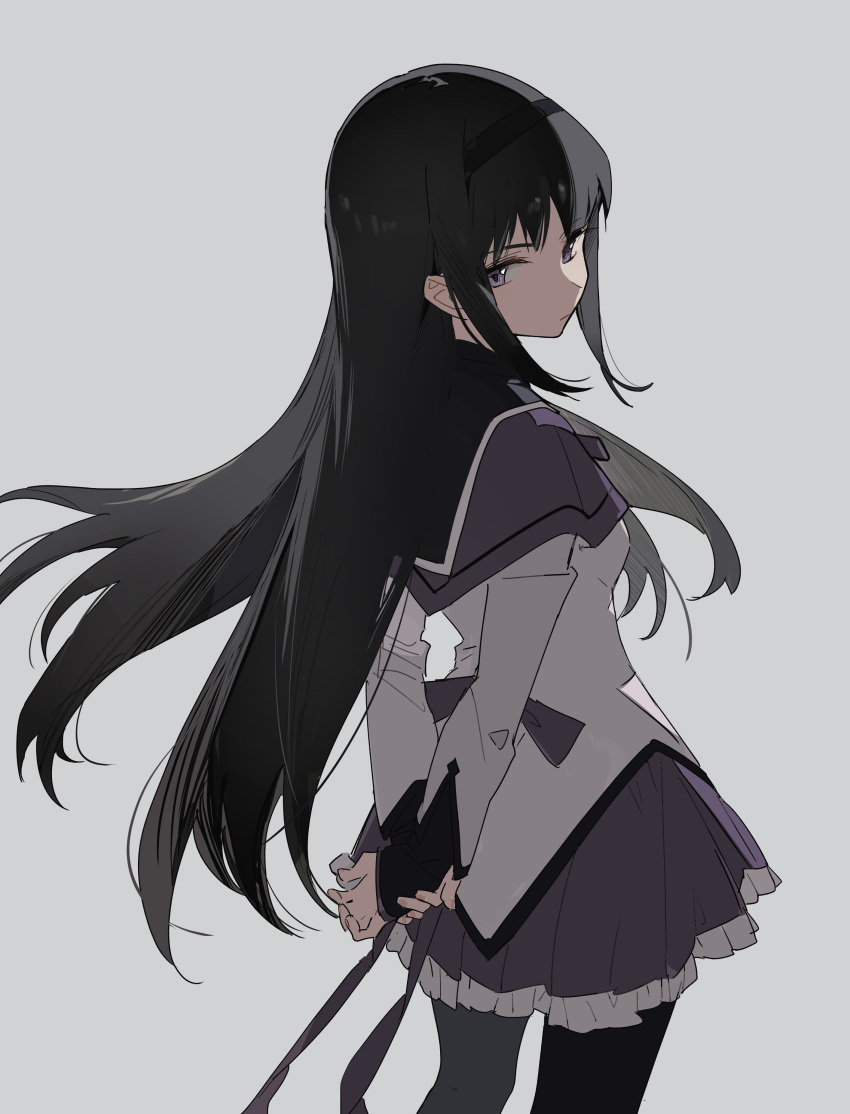 1girl absurdres akemi_homura arm_behind_back black_hair black_hairband black_pantyhose boots capelet frilled_skirt frills from_behind grey_background hairband highres long_hair long_sleeves looking_at_viewer magical_girl mahou_shoujo_madoka_magica pantyhose purple_eyes simple_background skirt solo zhibuji_loom