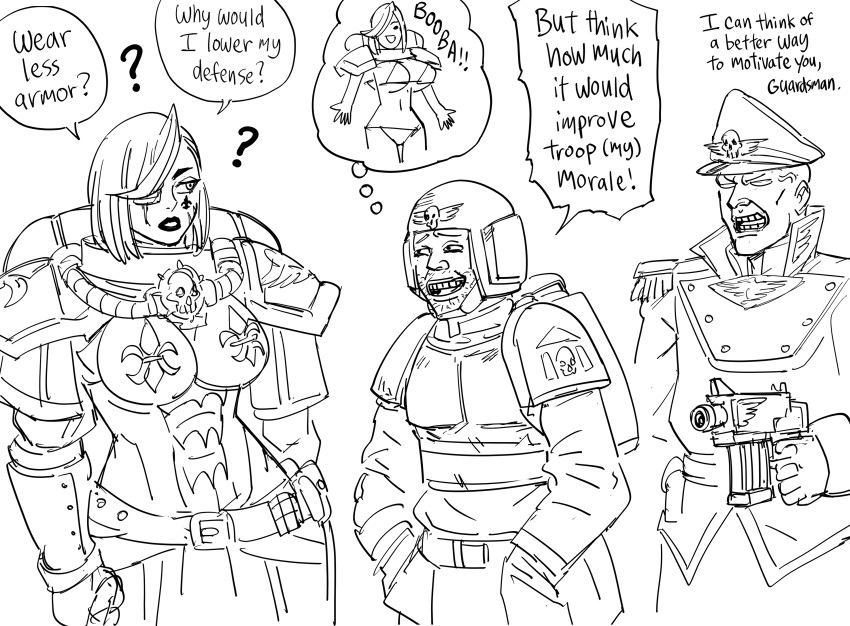 1girl 2boys ? absurdres adepta_sororitas armor artificial_eye astra_militarum bb_(baalbuddy) bolt_pistol breasts commissar english_text fleur-de-lis greyscale hands_in_pockets hat highres large_breasts monochrome multiple_boys peaked_cap power_armor scar scar_across_eye scar_on_face simple_background speech_bubble swept_bangs thought_bubble warhammer_40k white_background