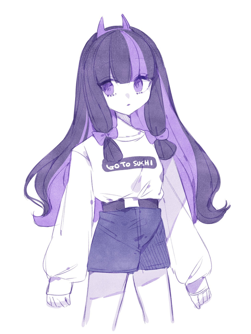 1girl bad_anatomy black_hair bow hair_bow highres horns indie_virtual_youtuber kiyashiki_zonzon kiyashiki_zonzon_(artist) long_hair long_sleeves multicolored_hair pale_skin purple_bow purple_eyes purple_hair purple_horns shirt short_shorts shorts simple_background sketch solo streaked_hair two-tone_hair virtual_youtuber white_background white_shirt