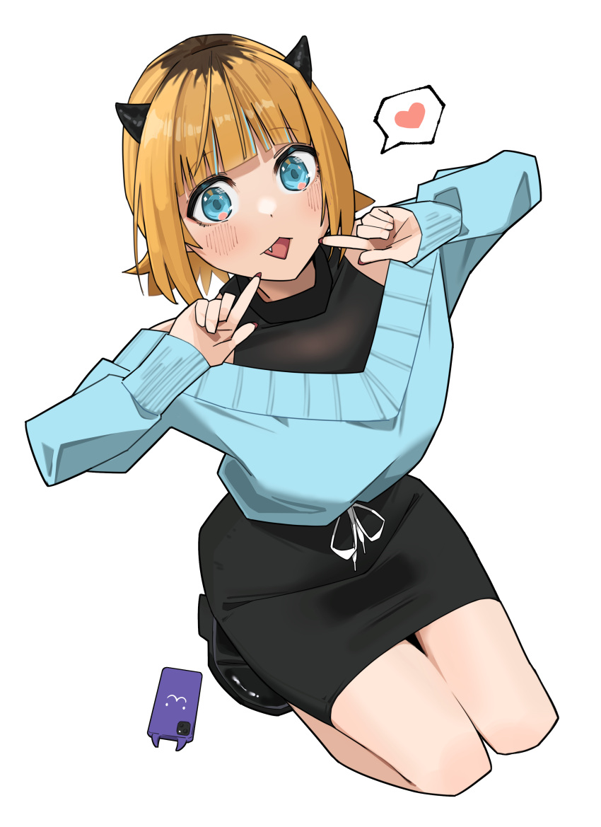 1girl absurdres black_skirt blonde_hair blue_eyes blue_sweater blunt_bangs blush cellphone demon_horns fake_horns fang heart highres horns lewdrawings long_sleeves looking_at_viewer memcho nail_polish off-shoulder_sweater off_shoulder open_mouth oshi_no_ko phone puffy_sleeves short_hair sidelocks simple_background sitting skirt smile solo speech_bubble sweater white_background