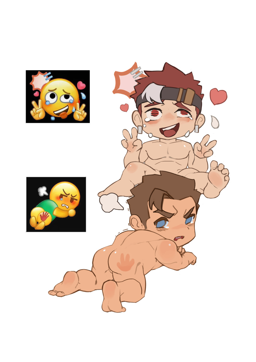 2boys absurdres ahegao ass bara black_headband blue_eyes blush brown_hair chibi completely_nude crying crying_with_eyes_open double_v emoji headband highres large_pectorals male_focus multicolored_hair multiple_boys muscular muscular_male my_eight nude open_mouth original pectorals photo-referenced red_eyes red_hair shirt short_hair simple_background slap_mark spanked tears two-tone_hair v white_background white_shirt yaoi