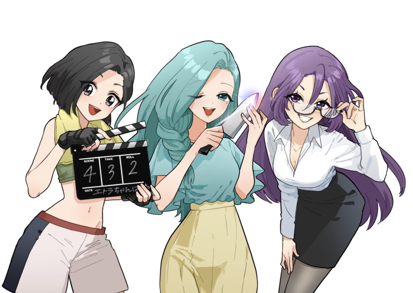 3girls :d ;d adjusting_eyewear aqua_eyes aqua_hair aqua_shirt azami_(etra-chan_wa_mita!) black_eyes black_hair black_shirt black_skirt braid breasts brown_skirt clapperboard cleavage collared_shirt commentary_request etra-chan_wa_mita! green_sports_bra karin_(etra-chan_wa_mita!) long_hair mole mole_under_eye multiple_girls navel one_eye_closed open_mouth pencil_skirt purple_eyes purple_hair shimizuy418 shirt short_hair short_sleeves shorts simple_background single_braid skirt smile sports_bra white_background white_shirt white_shorts yuzuriha_(etra-chan_wa_mita!)