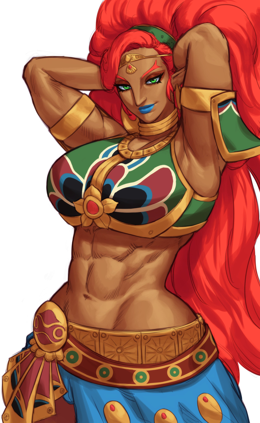 1girl abs absurdres armlet armor arms_behind_head arms_up big_hair blue_lips breastplate breasts circlet dark-skinned_female dark_skin earrings eyeliner gerudo green_eyes highres hoop_earrings jewelry large_breasts lipstick long_hair looking_at_viewer makeup midriff muscular muscular_female pointy_ears pointy_nose red_hair simple_background skirt smile solo sotcho the_legend_of_zelda the_legend_of_zelda:_breath_of_the_wild urbosa very_long_hair white_background