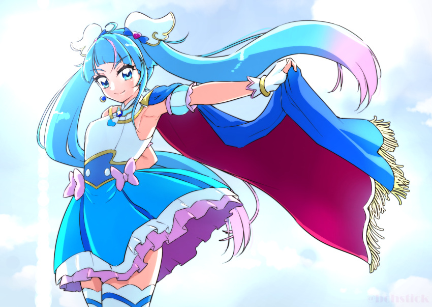 1girl ahoge blue_dress blue_eyes blue_hair blue_sky boh_stick bow brooch cape cape_hold closed_mouth cloud cloudy_sky commentary cure_sky cut_bangs day detached_sleeves dress earrings fingerless_gloves frilled_dress frills fringe_trim gloves gradient_hair hirogaru_sky!_precure jewelry long_hair looking_at_viewer magical_girl multicolored_hair outdoors pink_bow pink_hair precure puffy_detached_sleeves puffy_sleeves short_dress single_earring single_sidelock skirt sky sleeveless sleeveless_dress smile solo sora_harewataru standing streaked_hair thighhighs twintails two-sided_cape two-sided_fabric two-tone_hair very_long_hair white_gloves white_thighhighs wind wing_brooch wing_hair_ornament zettai_ryouiki