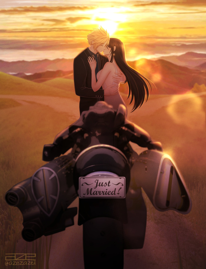 1boy 1girl absurdres azezazel bare_shoulders black_hair black_jacket black_necktie blonde_hair breasts bride closed_eyes cloud cloud_strife cloudy_sky commentary couple dress earrings english_commentary final_fantasy final_fantasy_vii from_side full_body grass hair_behind_ear hand_on_another's_back hand_on_another's_chest highres hug husband_and_wife imminent_kiss jacket jewelry kiss large_breasts long_hair long_sleeves motor_vehicle motorcycle mountainous_horizon necktie outdoors profile ring short_hair single_earring sky sleeveless sleeveless_dress spiked_hair standing sun sunset teardrop_earring tifa_lockhart twitter_username wedding_dress wedding_ring white_dress