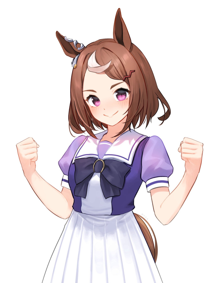 1girl animal_ears blush bow bowtie breasts brown_hair clenched_hands closed_mouth hair_ornament hairclip hands_up highres horse_ears horse_girl horse_tail katukodx looking_at_viewer multicolored_hair pink_eyes purple_shirt sailor_collar school_uniform shirt short_hair short_sleeves simple_background skirt small_breasts smile solo streaked_hair tail tracen_school_uniform tsurumaru_tsuyoshi_(umamusume) umamusume upper_body white_background white_skirt