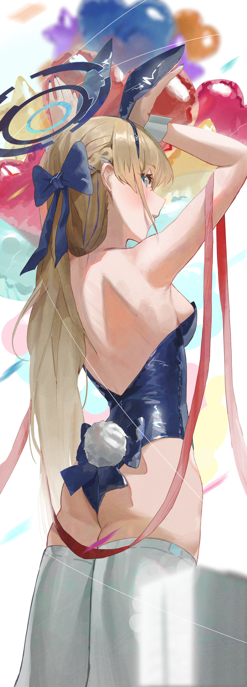 1girl absurdres animal_ears bare_shoulders blonde_hair blue_archive blue_bow blue_eyes blue_hair blue_leotard blush bow breasts fake_animal_ears fake_tail from_behind hair_bow halo hands_up highres kji_(rozo) leotard long_hair medium_breasts multicolored_hair official_alternate_costume playboy_bunny rabbit_ears sideboob solo tail thighhighs toki_(blue_archive) two-tone_hair white_thighhighs