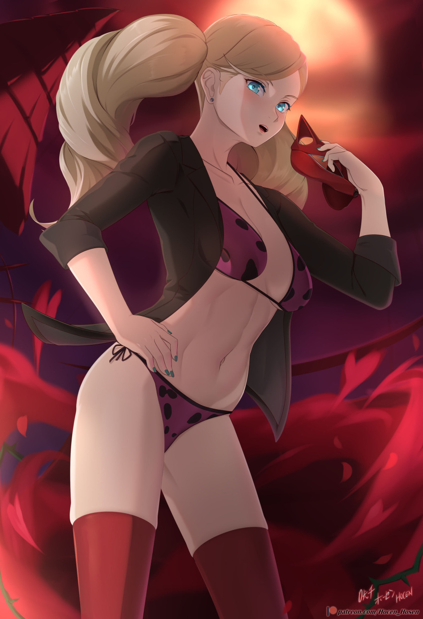1girl absurdres bikini black_jacket blonde_hair blue_eyes blue_nails breasts cleavage collarbone earrings groin hand_on_own_hip highres holding holding_mask jacket jewelry large_breasts long_hair looking_at_viewer mask nail_polish navel open_clothes open_jacket open_mouth parted_bangs patreon_logo patreon_username persona persona_5 pink_bikini red_thighhighs side-tie_bikini_bottom signature sleeves_rolled_up solo standing swimsuit takamaki_anne thighhighs twintails underboob vilde_loh_hocen