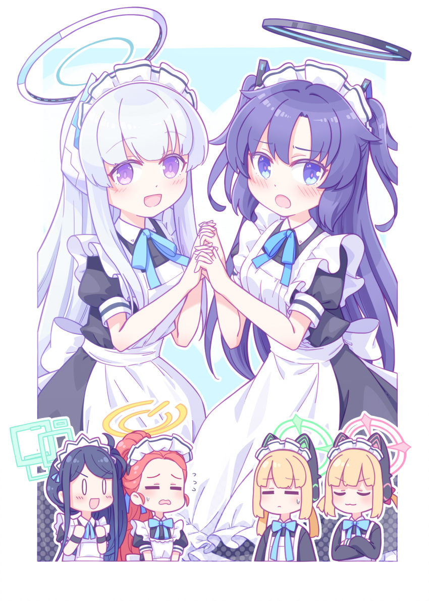 0_0 6+girls :d =_= alternate_costume animal_ear_headphones animal_ears apron aris_(blue_archive) aris_(maid)_(blue_archive) black_dress black_hair blonde_hair blue_archive blue_bow blue_eyes blue_hair blush bow chibi closed_eyes closed_mouth collared_dress commentary_request crossed_arms dress enmaided fake_animal_ears forehead frilled_apron frills grey_hair hair_bun halo harada_(sansei_rain) headphones highres holding_hands interlocked_fingers long_hair long_sleeves maid maid_apron maid_headdress midori_(blue_archive) midori_(maid)_(blue_archive) momoi_(blue_archive) momoi_(maid)_(blue_archive) multiple_girls noa_(blue_archive) parted_bangs power_symbol puffy_long_sleeves puffy_short_sleeves puffy_sleeves purple_eyes red_hair short_sleeves smile sweat swept_bangs two_side_up v-shaped_eyebrows very_long_hair white_apron wrist_cuffs yuuka_(blue_archive) yuzu_(blue_archive) yuzu_(maid)_(blue_archive)