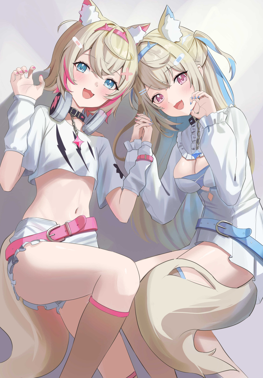 2girls :3 :d absurdres animal_ear_fluff animal_ears belt belt_collar black_collar blonde_hair blue_belt blue_hair blue_nails blush breasts cleavage cleavage_cutout clothing_cutout collar cropped_shirt dog_ears dog_girl dog_tail dress fang fishnet_socks fishnet_thighhighs fishnets flat_chest frilled_shorts frills fuwawa_abyssgard guree_(haiiro) hair_ornament hairpin headphones headphones_around_neck highres holding_hands hololive hololive_english large_breasts long_hair medium_hair midriff mococo_abyssgard multicolored_hair multiple_girls nail_polish navel open_mouth pink_belt pink_hair pink_nails shirt short_shorts shorts siblings sisters skin_fang smile socks spiked_collar spikes streaked_hair tail thighhighs twins virtual_youtuber white_dress white_shirt white_shorts x_hair_ornament