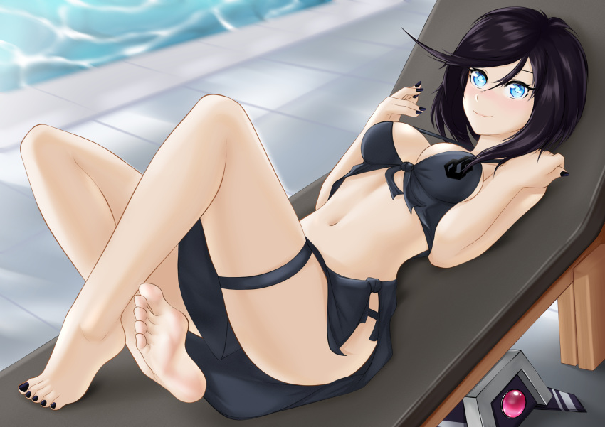 badsharku bikini black_bikini black_nails blue_eyes breasts chair crossed_legs dinergate_(girls'_frontline) feet girls'_frontline highres intruder_(girls'_frontline) looking_at_viewer lounge_chair lying medium_hair nail_polish navel on_back poolside sangvis_ferri soles swimsuit toes