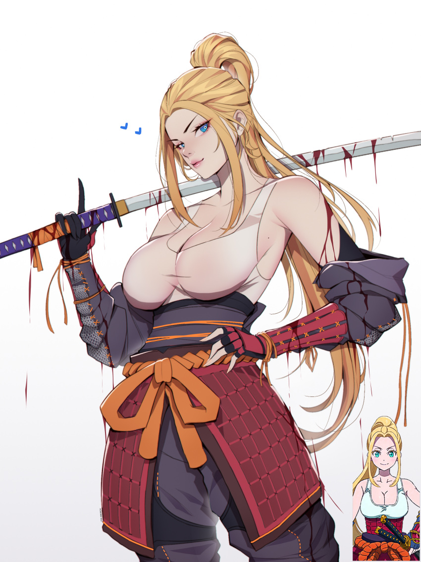 1girl absurdres armor beatrix_amerhauser black_gloves black_pants blonde_hair blood blood_on_arm blood_on_clothes blood_on_weapon blue_eyes breasts cleavage closed_mouth fingerless_gloves gloves hand_on_own_hip highres holding holding_sword holding_weapon japanese_armor katana kote kusazuri large_breasts liya_nikorov long_hair looking_at_viewer nose over_shoulder pants ponytail reference_inset sash simple_background single_fingerless_glove smile solo sword sword_over_shoulder weapon weapon_over_shoulder zom_100:_zombie_ni_naru_made_ni_shitai_100_no_koto