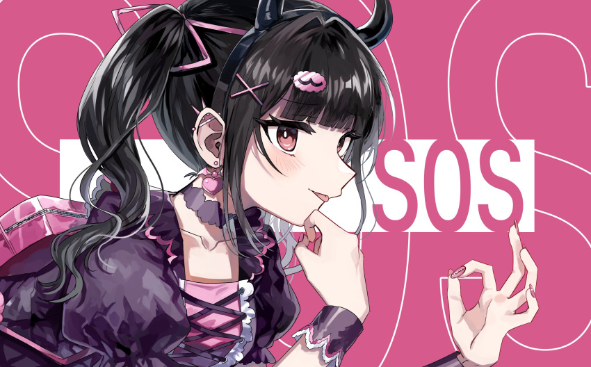 1girl black_hair black_hairband black_horns blunt_bangs blush choker commentary_request danjou_sora demon_horns denonbu dress ear_piercing earrings fake_horns hair_ornament hair_ribbon hairband hand_on_own_chin heart heart_earrings highres horns idolmaster idolmaster_shiny_colors jewelry jirai_kei long_hair looking_at_viewer nail_polish official_art ok_sign parody piercing pink_background pink_nails pink_ribbon puffy_short_sleeves puffy_sleeves purple_dress red_eyes reml ribbon short_sleeves smile solo song_name sos_(idolmaster) tongue tongue_out twintails upper_body video_thumbnail wrist_cuffs x_hair_ornament