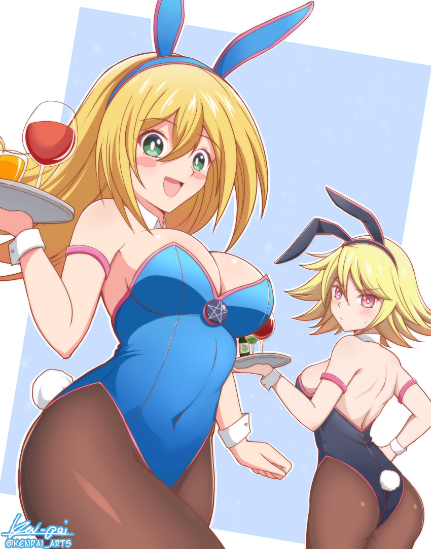 2girls absurdres animal_ears back bare_shoulders blonde_hair blue_background blush blush_stickers breasts bunny_day cleavage dark_magician_girl detached_collar duel_monster gagaga_girl green_eyes highres ken-pai_(kenpai_arts) large_breasts leotard long_hair looking_at_viewer multiple_girls open_mouth playboy_bunny rabbit_ears rabbit_tail red_eyes short_hair sideboob simple_background tail thighhighs tray wrist_cuffs yu-gi-oh!