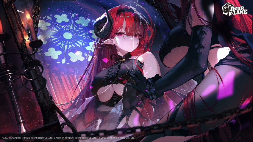 1girl absurdres azur_lane bare_shoulders black_dress black_gloves breasts broken_mirror closed_mouth clothing_cutout covered_navel curled_horns demon_girl demon_horns dress elbow_gloves expressionless ggoc_ill gloves highres hindenburg_(azur_lane) horns large_breasts long_hair looking_at_viewer mirror official_art pantyhose pointy_ears red_eyes red_hair reflection revealing_clothes side_cutout sitting sleeveless sleeveless_dress solo underboob underboob_cutout very_long_hair