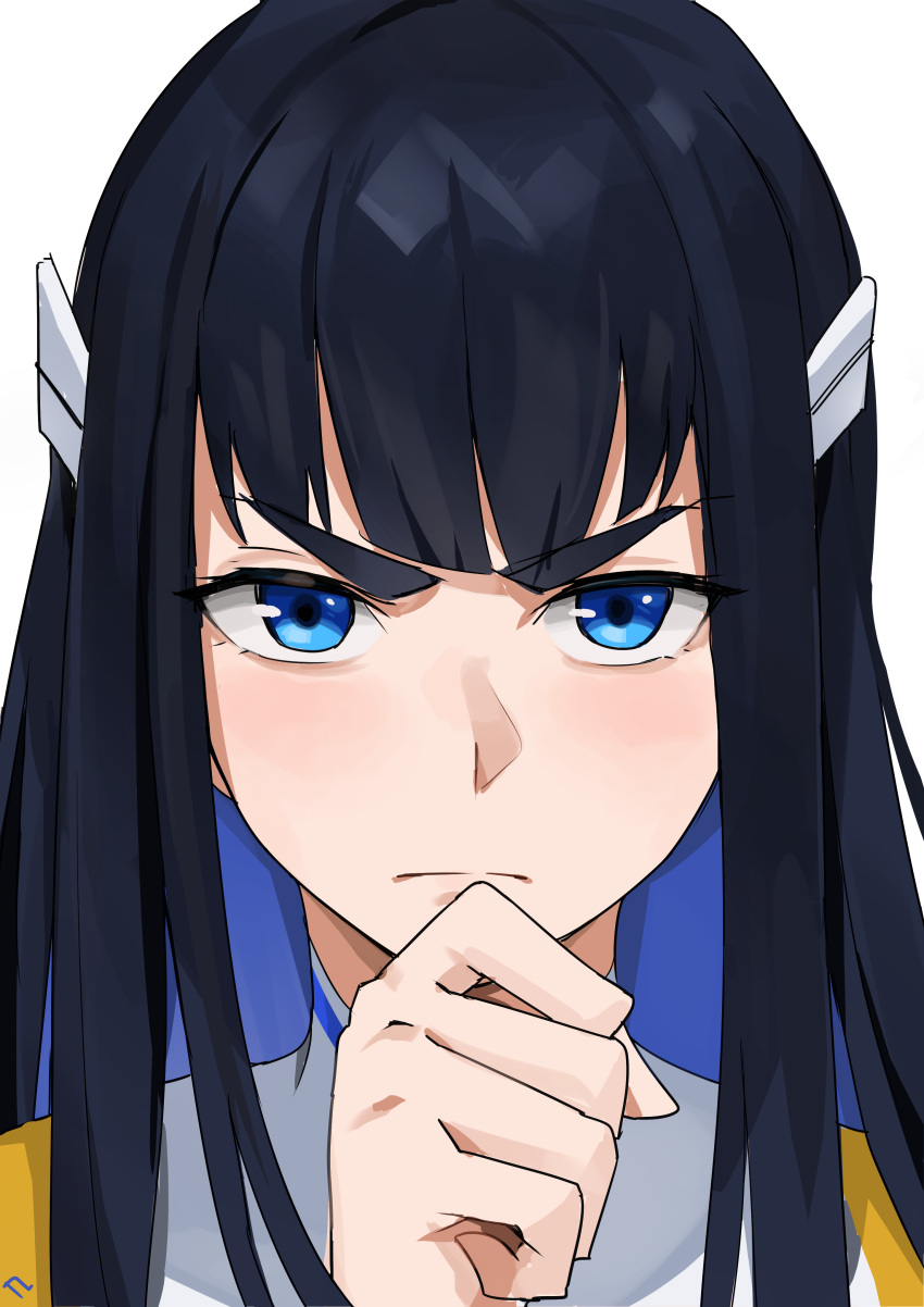 1girl absurdres black_hair blue_eyes closed_mouth commentary english_commentary hair_ornament hand_on_own_chin hand_up highres jacket kill_la_kill kiryuuin_satsuki long_hair looking_at_viewer serious simple_background solo straight-on stroking_own_chin t-lex thick_eyebrows upper_body v-shaped_eyebrows white_background white_jacket