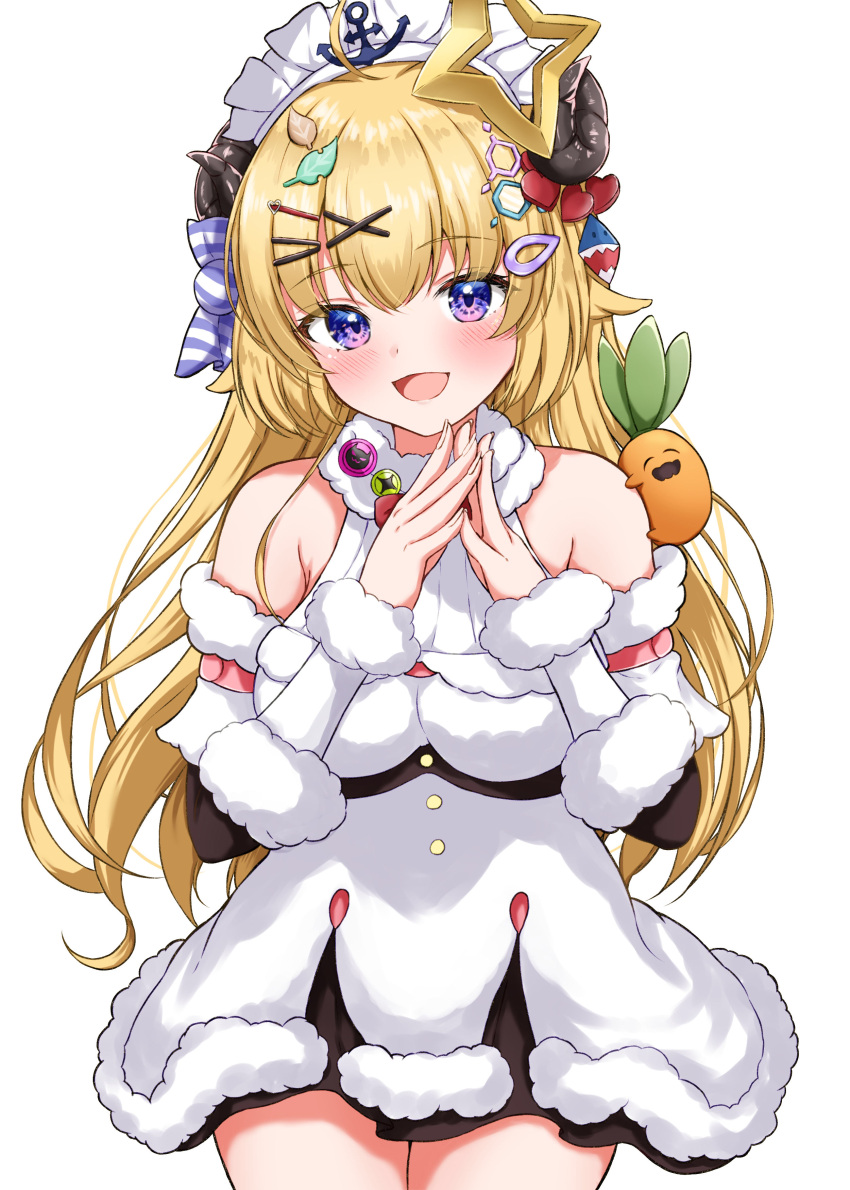 1girl absurdres ahoge animal_ears blonde_hair blush breasts dress fur-trimmed_dress fur_trim hair_ornament hairpin heart heart_hair_ornament hexagon_hair_ornament highres hololive horns large_breasts leaf_hair_ornament long_hair looking_at_viewer maid_headdress nekko_(momosuzu_nene) open_mouth purple_eyes rinkaa_(lovelive765pro2) shark_hair_ornament sheep_ears sheep_girl sheep_horns smile solo star_(symbol) star_hair_ornament tsunomaki_watame tsunomaki_watame_(1st_costume) virtual_youtuber white_headdress x_hair_ornament