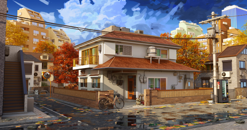 air_conditioner apartment autumn autumn_leaves bicycle binder blue_sky box building cardboard_box cloud cloudy_sky door entrance gate highres mirror original plant power_lines recycle_bin sitai_miss_me sky stairs traffic_mirror utility_pole vending_machine window