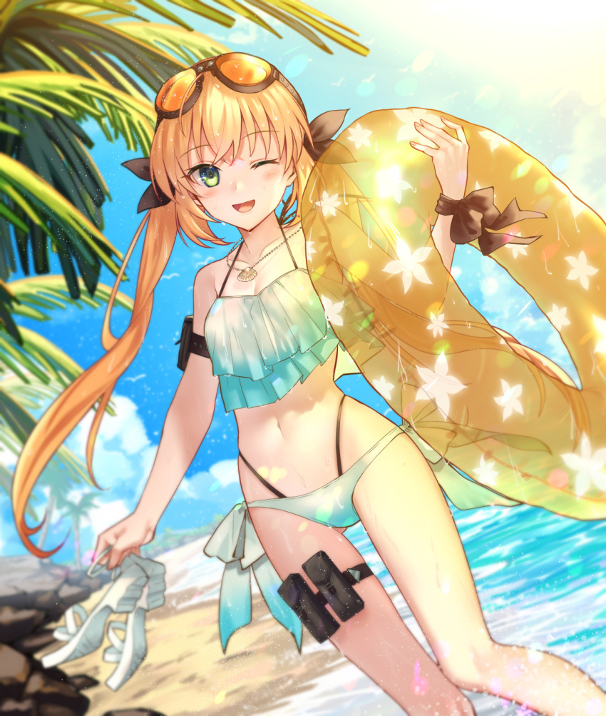 1girl arm_strap artoria_caster_(fate) artoria_pendragon_(fate) bare_shoulders beach bikini blonde_hair blue_bikini blue_sky blush breasts collarbone fate/grand_order fate_(series) goggles goggles_on_head green_eyes hair_ribbon highleg highleg_bikini highres innertube jewelry kuroaki long_hair looking_at_viewer multi-strapped_bikini navel necklace one_eye_closed open_mouth palm_tree pouch revision ribbon sandals shore sky small_breasts smile solo swimsuit thigh_strap thighs tree twintails